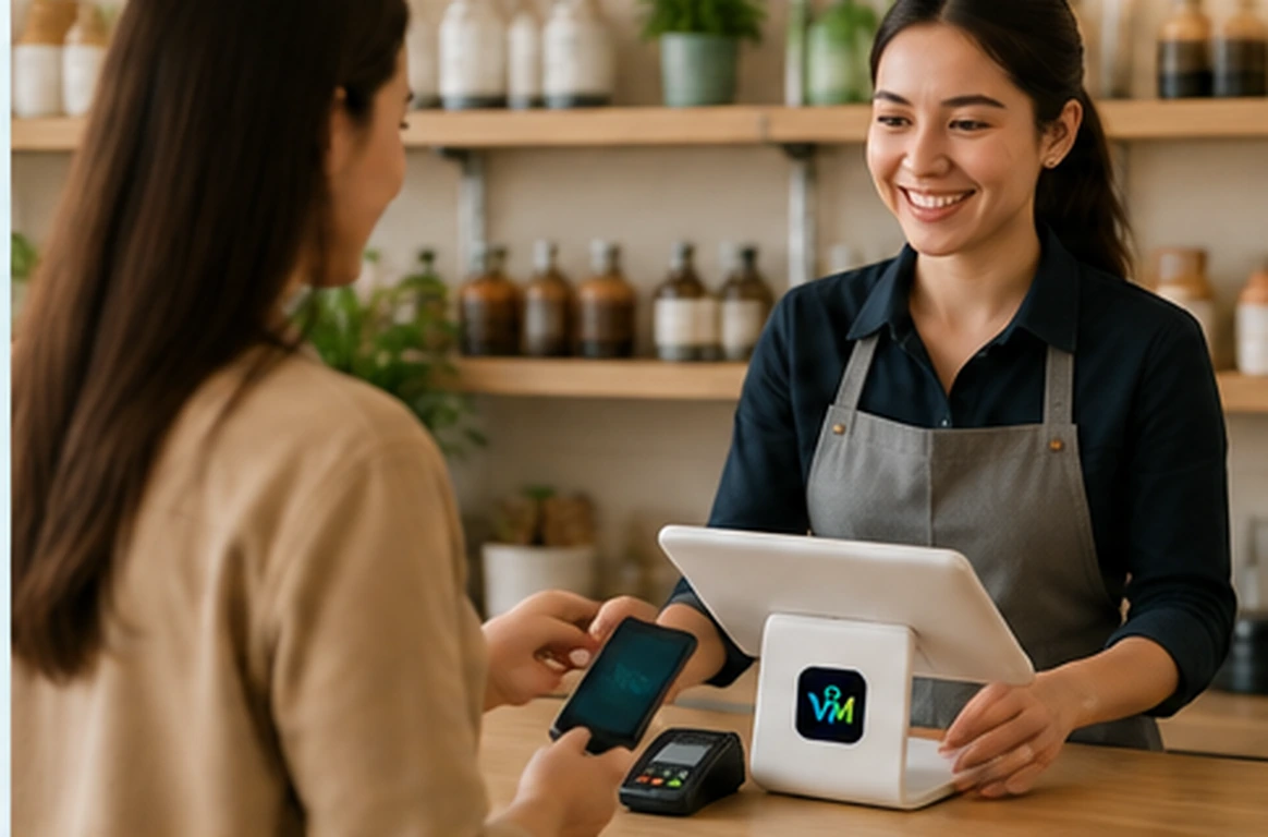 Retail staff member serving a customer using a VisitMate point of sale